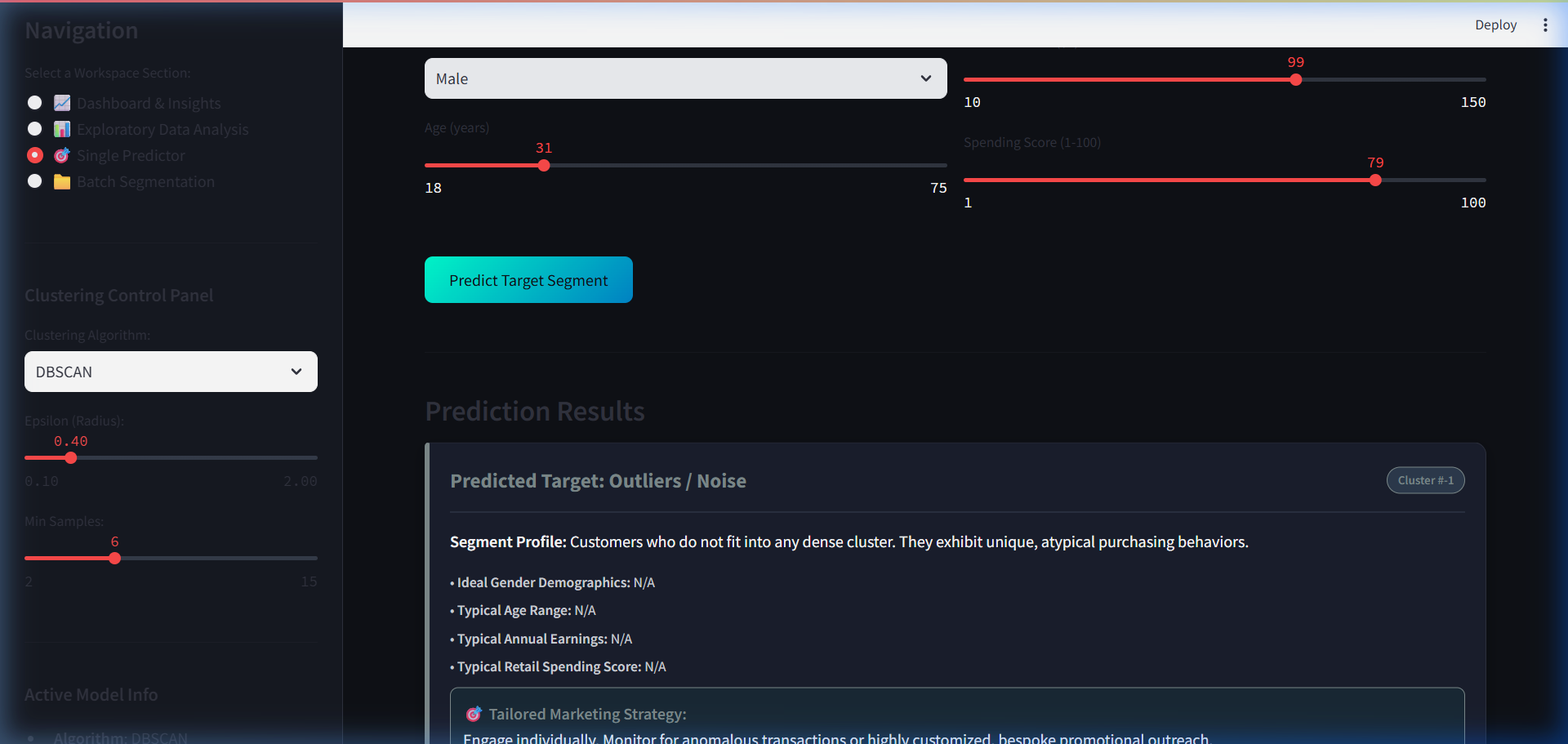 Mall Customer Segmentation Dashboard - Single Predictor